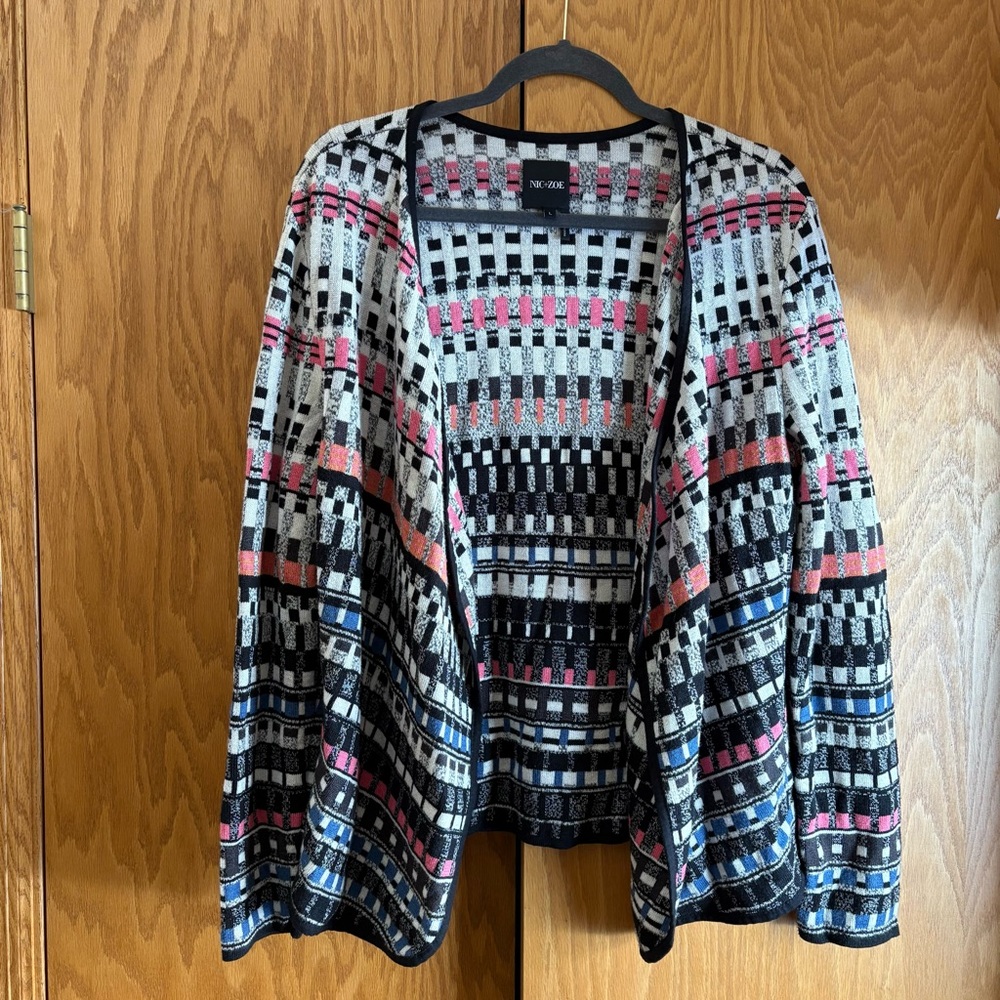 NIC+ZOE Women's Black and Pink Patterned Cardigan Size Large